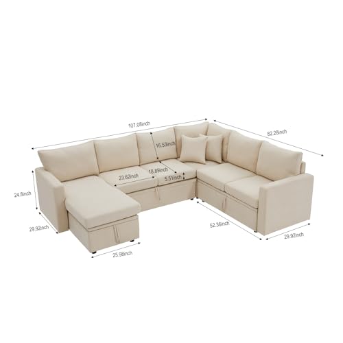 Beige 7-Seater Sectional Couch with Pull Out Bed for Living Room
| U Shaped Beige Sectional Couch with Pull Out Bed for
