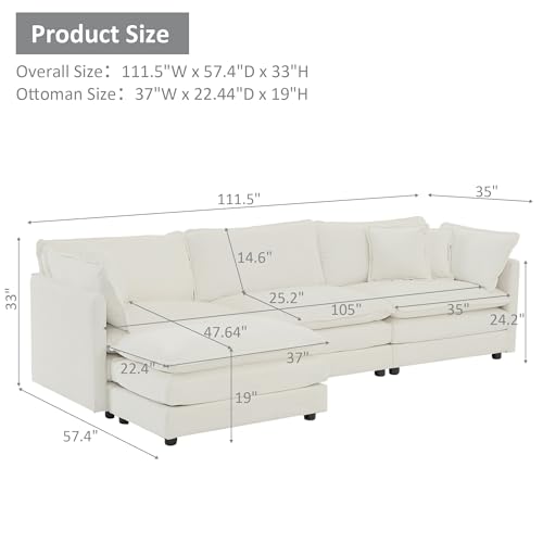 Comfy GNIXUU Beige White Modular Sectional Sofa for Living Room and Office
| Movable Ottoman Comfy GNIXUU 111.5" L Shap