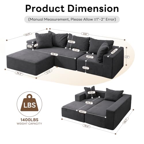Vamcheer Modular Sectional Sofa with Chaise - Living Room Furniture for Modern Interior, Deep Seat Design for Comfort,