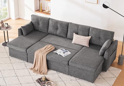 Dark Grey 110 Inch 2 in 1 Pullout Couch Bed with Storage Chaise
| Oversized Living Room Sectional Sleeper Sofa with Sid