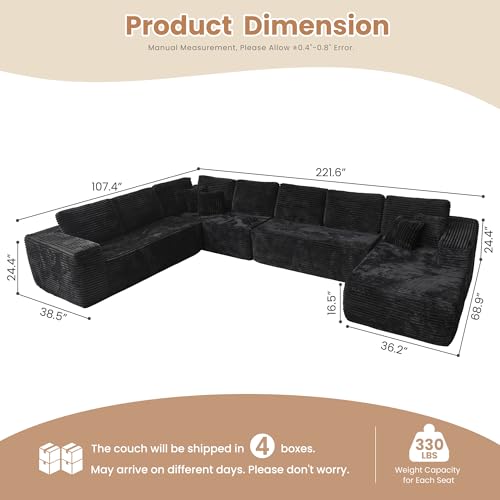 HOOOWOO Cloud Sectional Couches for Living Room, Modular No Assembly, Large U Shaped Plush Corduroy Sofa Set (220X110 In