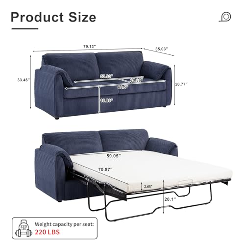 Corduroy Queen Pull Out Sofa Bed for Living Room
| Large Queen Sleeper Sofa Couch with Foam Mattress
| Blue Pull Out Co