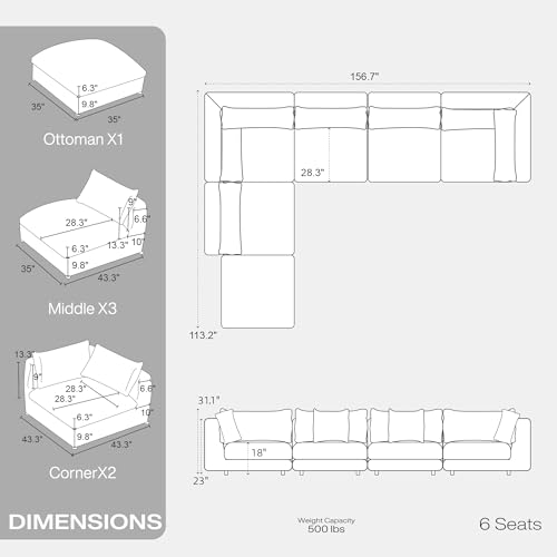 Oversized Modular Sectional Sofa for Living Room (6 Seater-Cream White Linen)
| Removable Deep Seat Sofa Cushion Covers