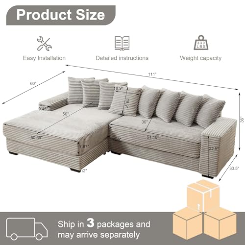 GNIXUU 111" Modern Fluffy Corduroy L-Shaped Couch for Living Room and Office (Gray)  
GNIXUU 111" Deep Seat Corduroy Clo