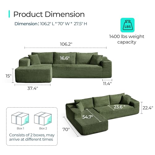 LINSY HOME 106'' Corduroy Cloud Couch L Shaped Sofas for Living Room Apartment Green No Assembly Couch Comfortable Deep