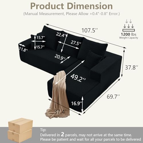 Black 107" Cloud Sectional Couch with L-Shape Chaise and Deep Seat for Living Room and Bedroom