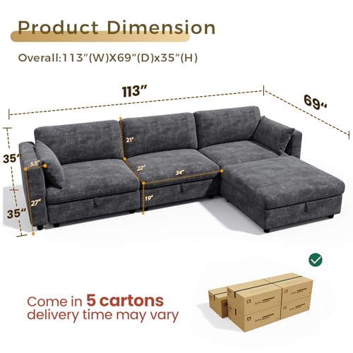 KKL 113" L-Shaped Down Filled Sectional Sofa with Adjustable Backrest for Living Room, Oversize Cloud Grey Deep Couch 4