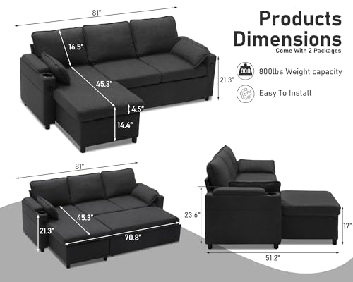 DURASPACE 2 in 1 Sectional Sleeper Sofa Couches for Apartment Living Room (Dark Gray) with Storage, USB, Cup Holder
| D