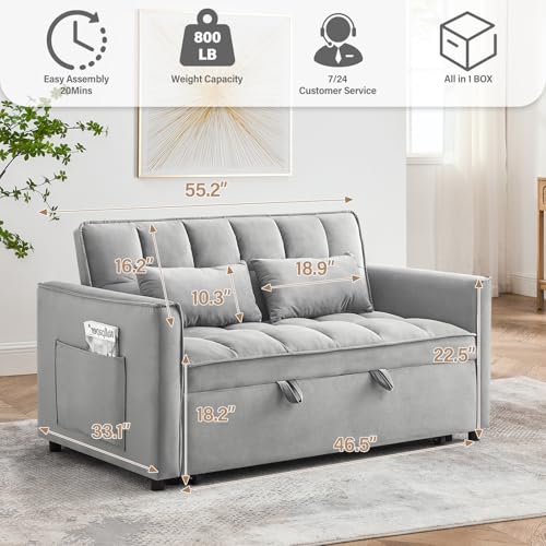 3 in 1 Sleeper Sofa Bed Gray, Adjustable Backrest Living Room Bedroom Couch,Velvet Convertible Sofa Bed Pull-Out Bed Cou
