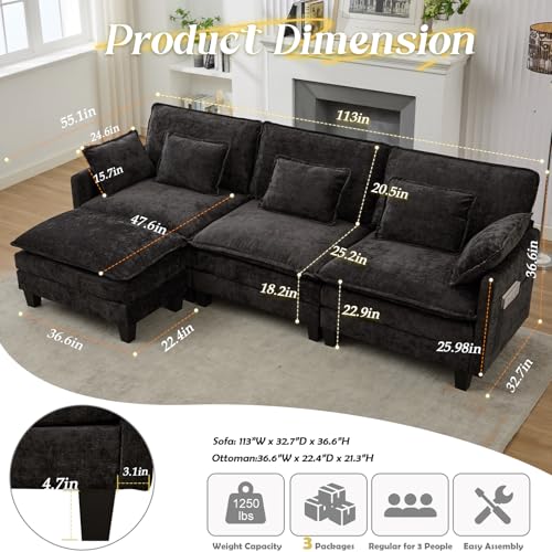 113" Modular Sectional Sofa Cloud Couch with Ottoman for Living Room Apartment Studio Black 3-Seater
| Comfy Chenille S
