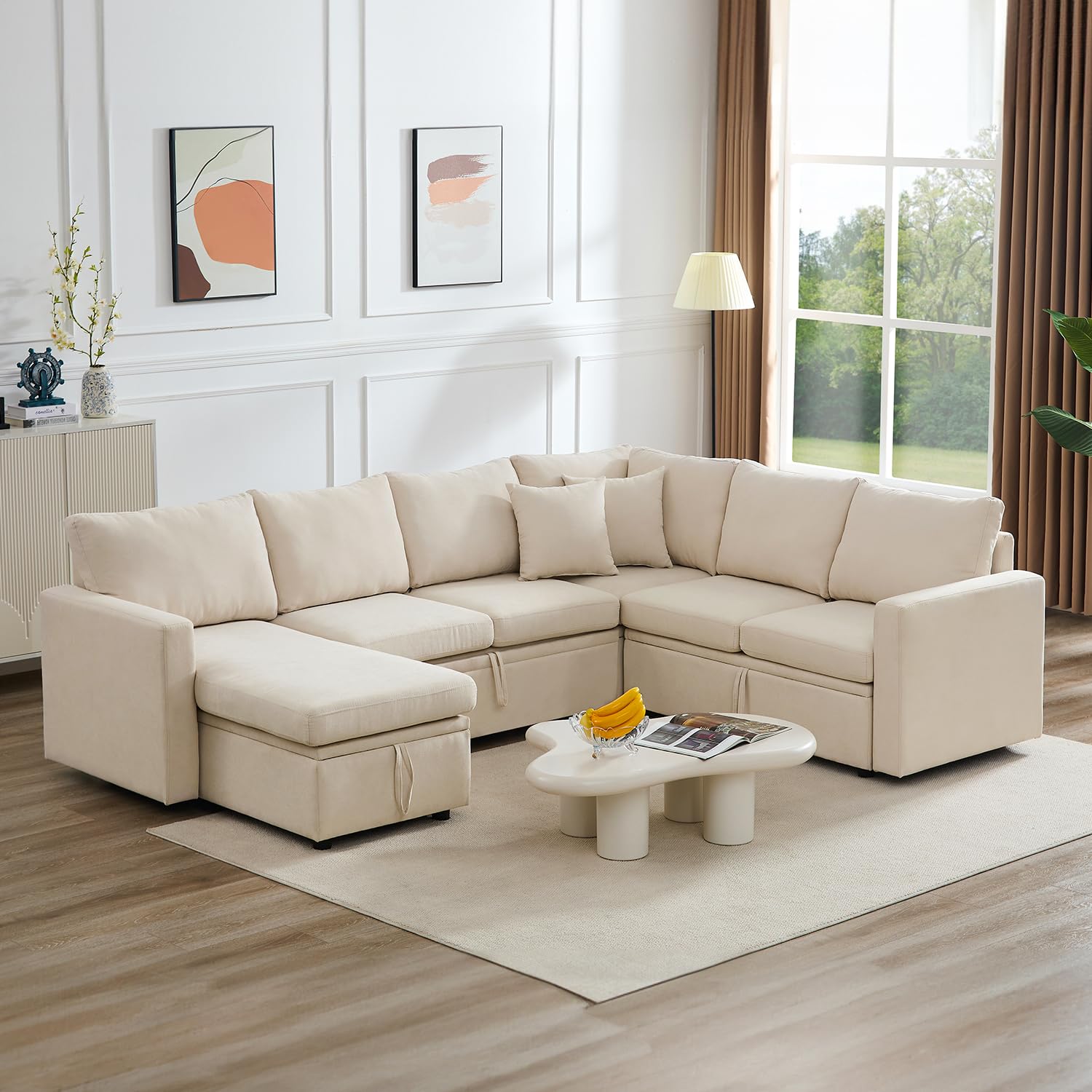 Beige 7-Seater Sectional Couch with Pull Out Bed for Living Room
| U Shaped Beige Sectional Couch with Pull Out Bed for