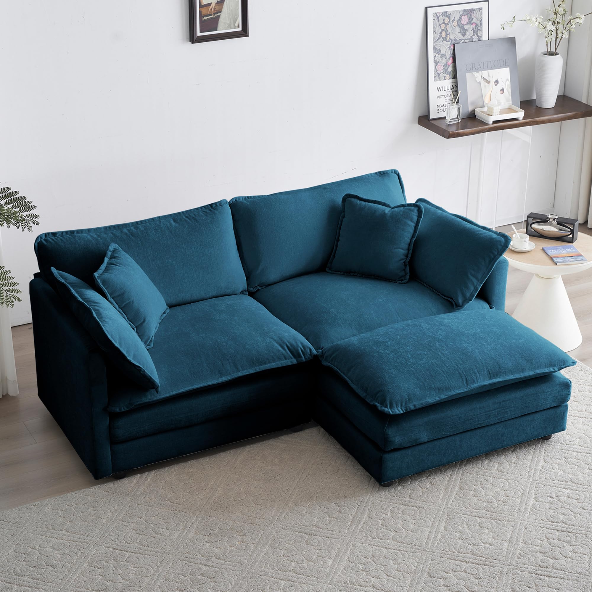 GNIXUU L Shaped Sectional Sofa with Ottoman, Blue, 76.7" Modern Chenille Comfy Upholstered Couch for Living Room, Apartm