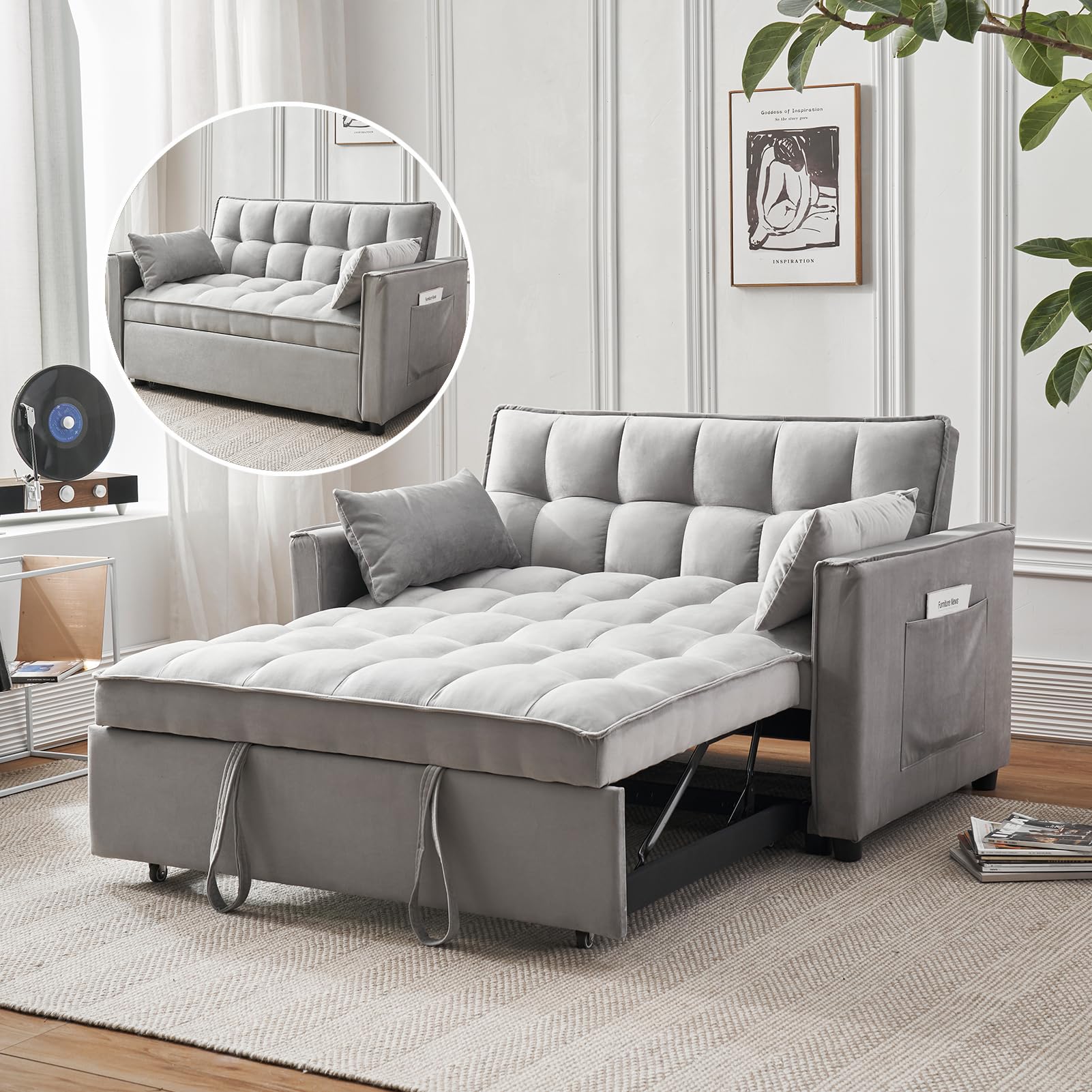 Modern 3 in 1 Convertible Sleeper Sofa Grey for Living Room and Bedroom
| Futon Sofa Bed with Adjustable Backrest and S