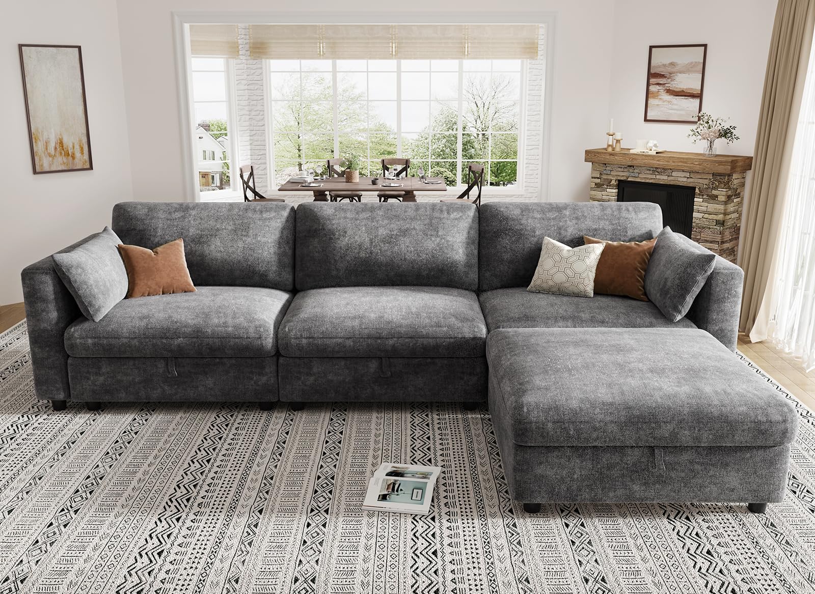 KKL 113" L-Shaped Down Filled Sectional Sofa with Adjustable Backrest for Living Room, Oversize Cloud Grey Deep Couch 4