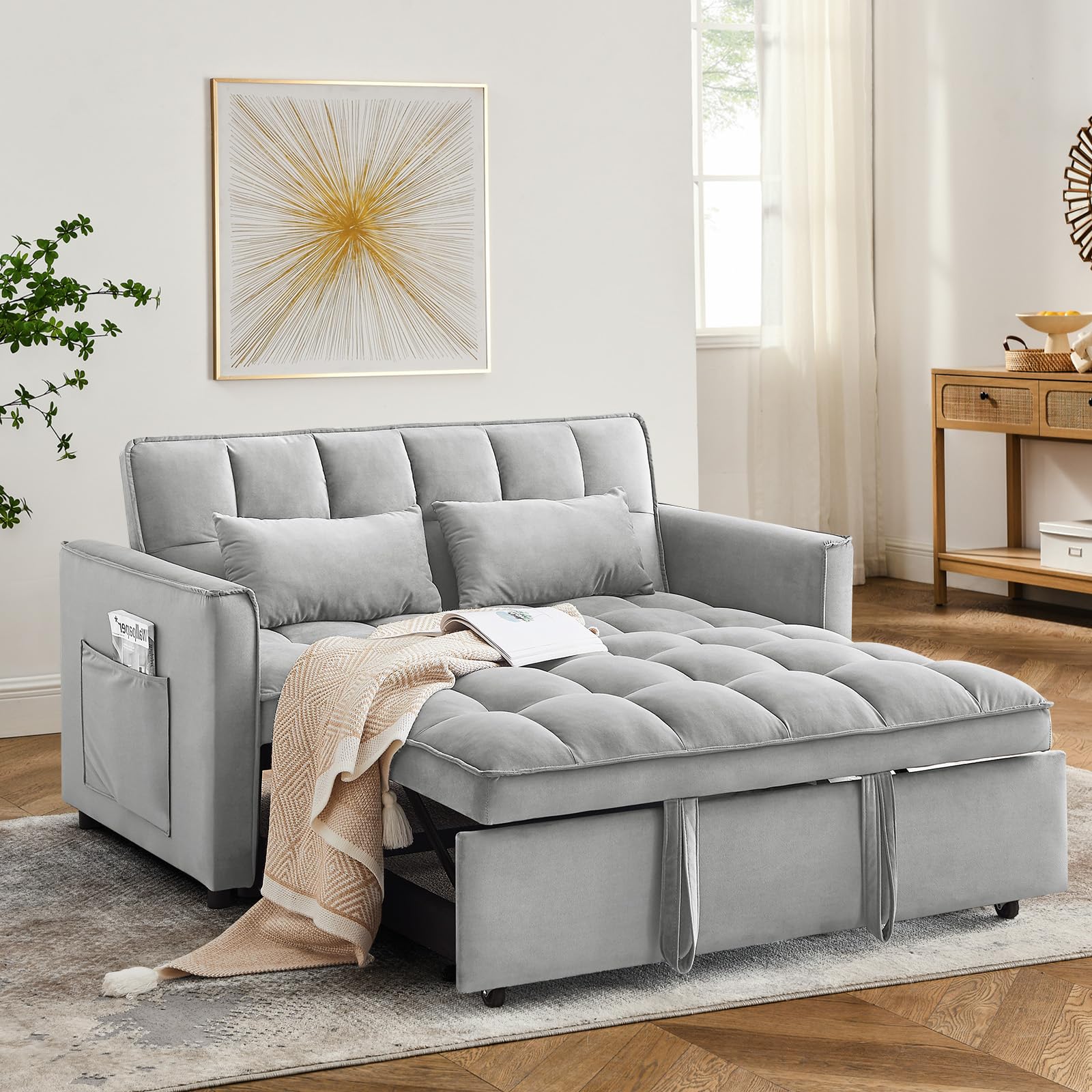 3 in 1 Sleeper Sofa Bed Gray, Adjustable Backrest Living Room Bedroom Couch,Velvet Convertible Sofa Bed Pull-Out Bed Cou