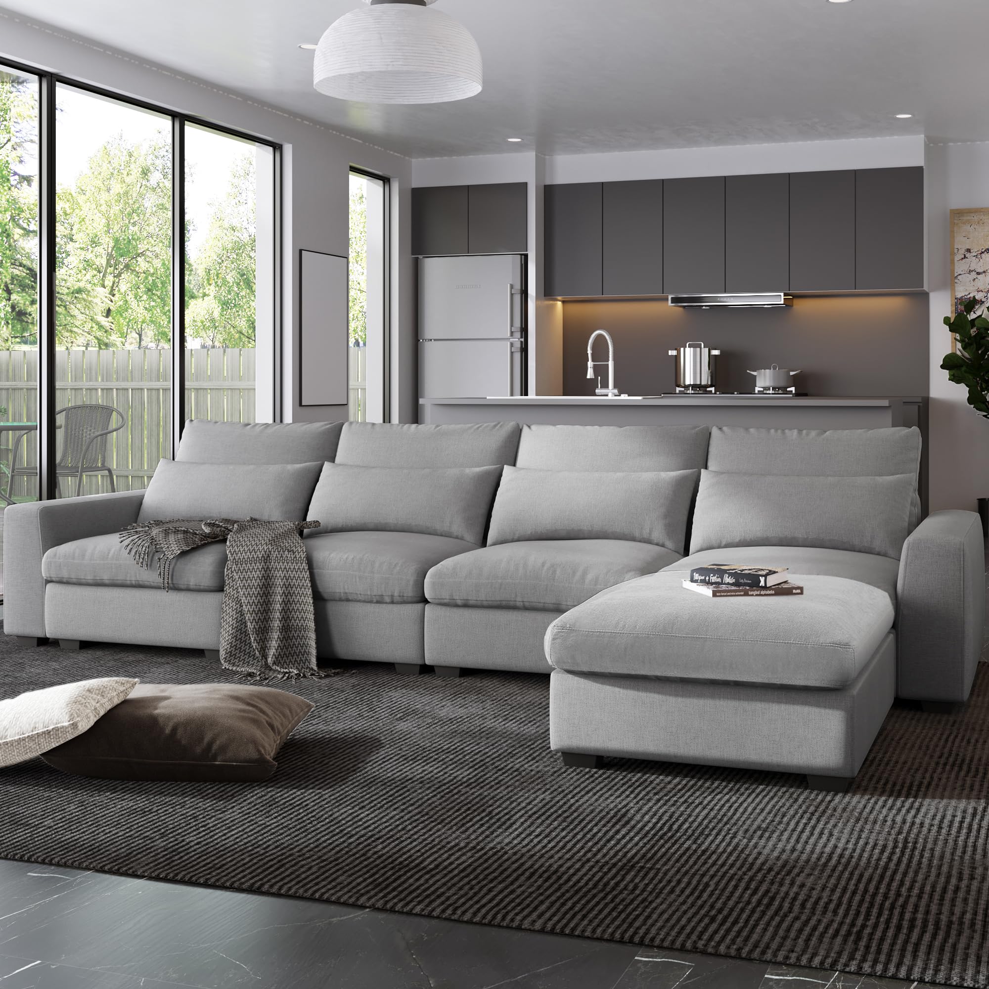 Modern Cloud Oversized L Shaped Sectional Sofa for Living Room with Ottoman(Light Gray)  
Upholstered Feather Filled L S