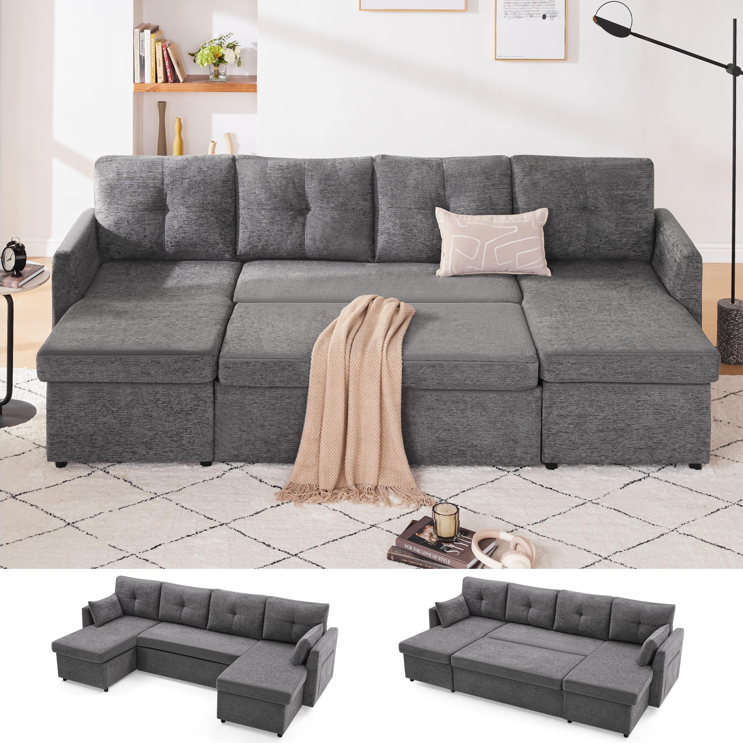 Dark Grey 110 Inch 2 in 1 Pullout Couch Bed with Storage Chaise
| Oversized Living Room Sectional Sleeper Sofa with Sid