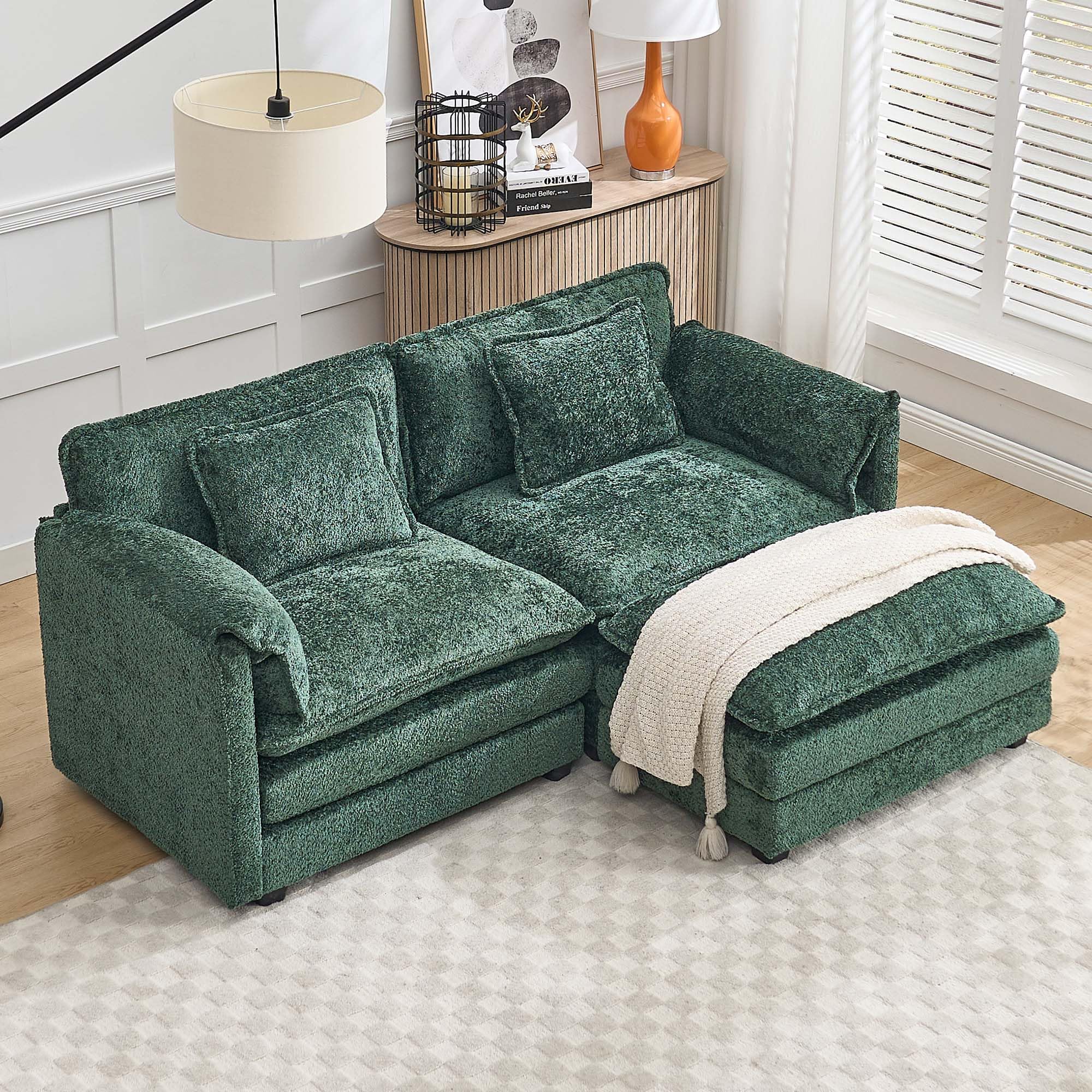 GNIXUU Green Small L Shaped Sofa with Ottoman for Living Room and Bedroom, Comfortable Chenille Deep Seat Loveseat, Modu