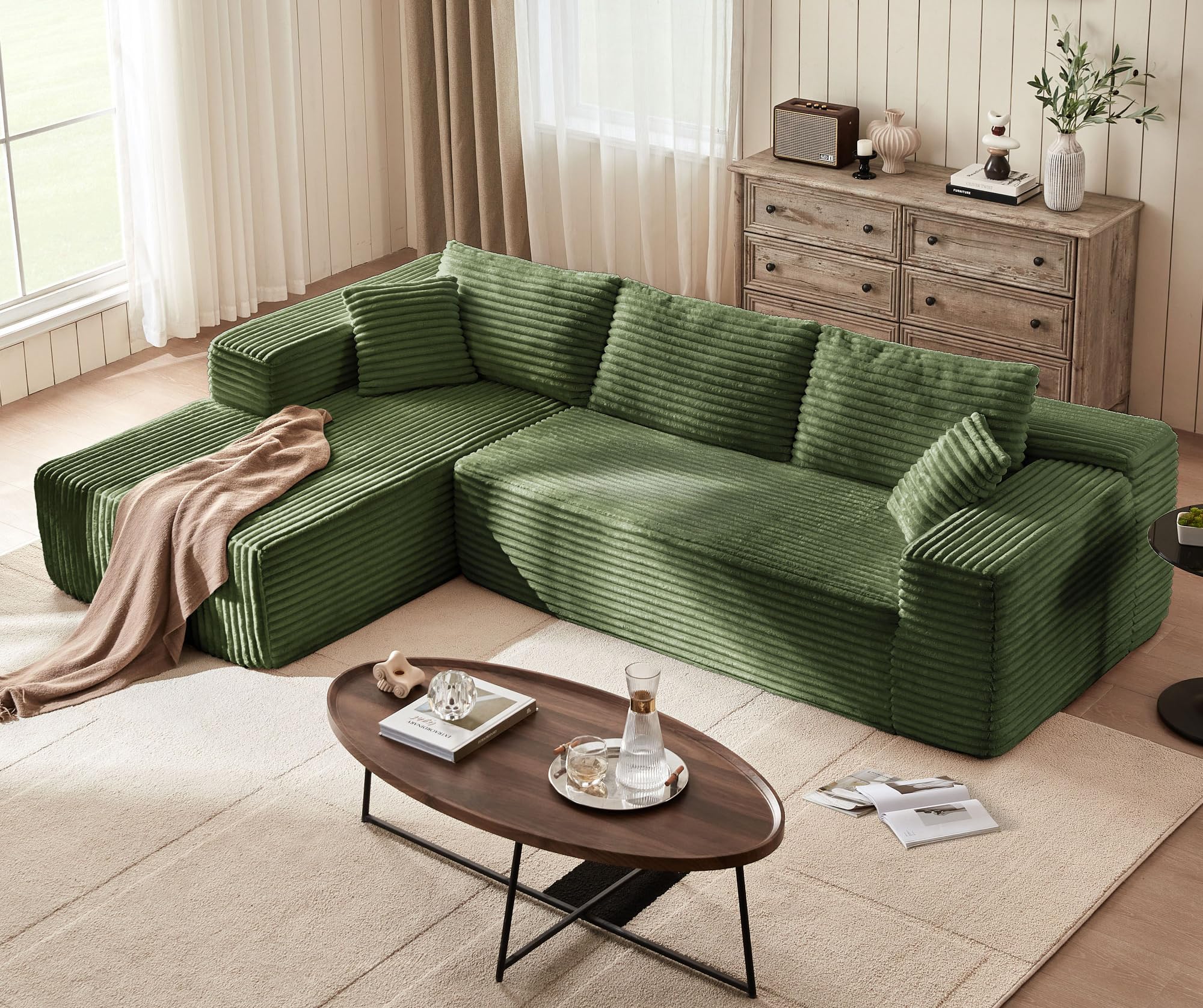 LINSY HOME 106'' Corduroy Cloud Couch L Shaped Sofas for Living Room Apartment Green No Assembly Couch Comfortable Deep