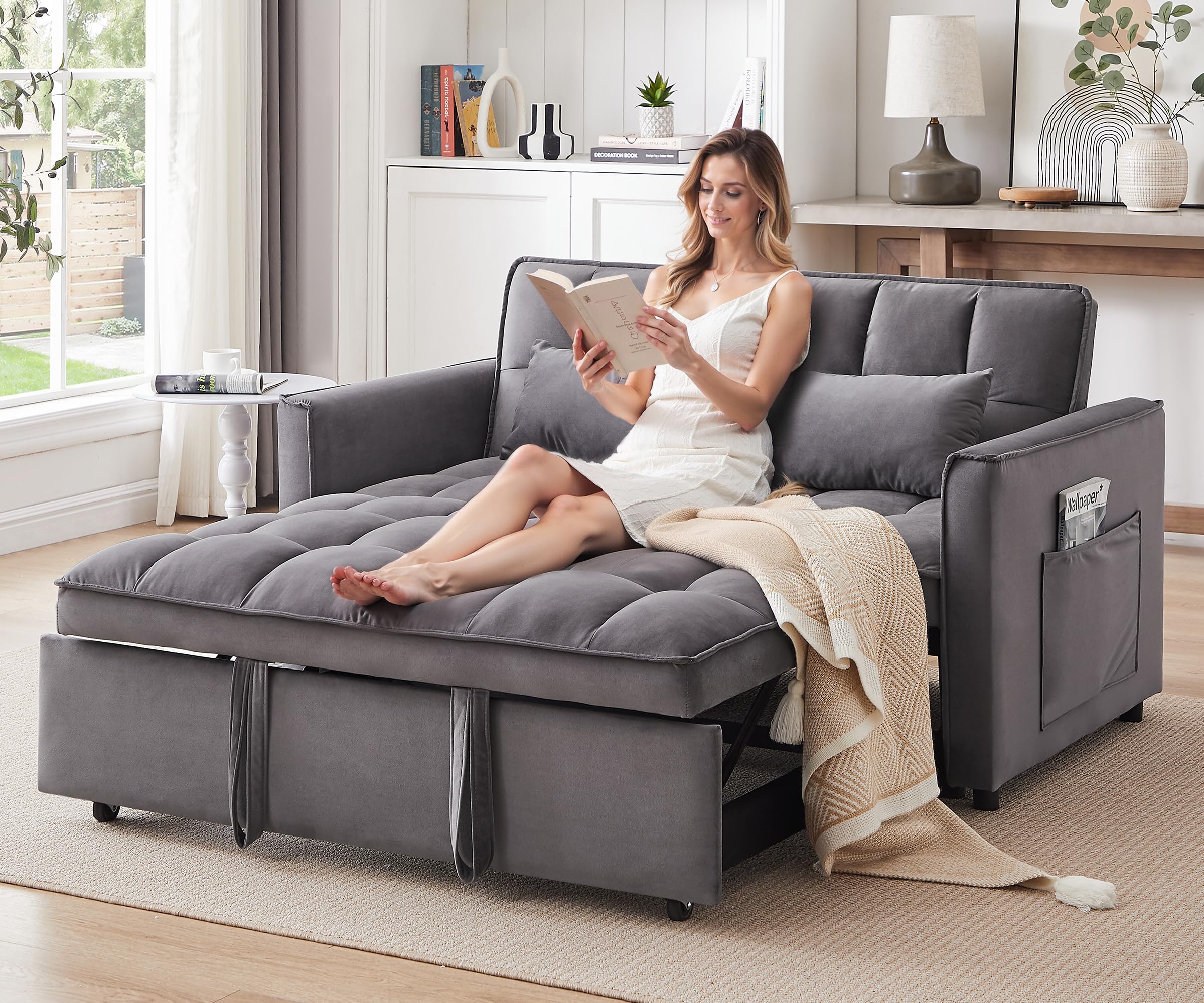 3 in 1 Convertible Sleeper Sofa Bed, Futon Couches for Living Room with Side Pocket | Darkgray Velvet Fabric
| 3 in 1 C