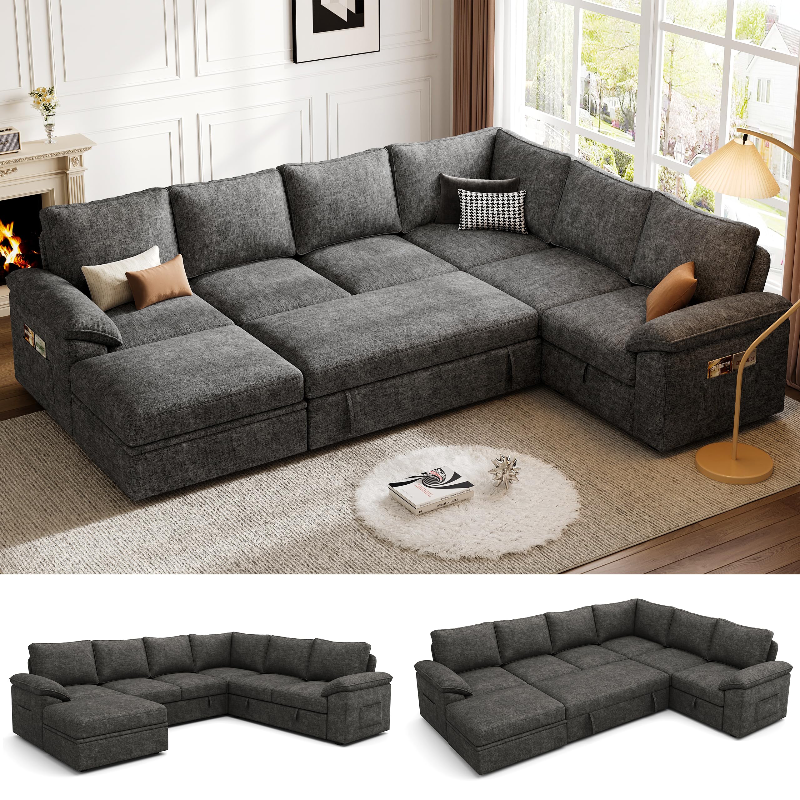  108 Inch U Shaped Sectional Sleeper Sofa for Living Room with Storage
| Modular Sectional Couch with Pull Out Bed and R